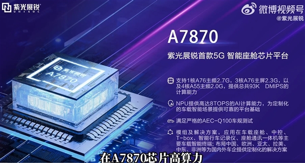 紫光展锐首款车规级5G座舱芯片平台A7870公布：6nm加持、NPU算力媲美骁龙8155